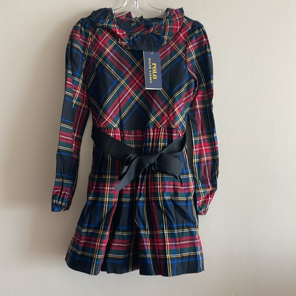 Polo Ralph Lauren Girls Plaid Fit & Flare Dress Bow Sash Puff Sleeve Size 5 NWT